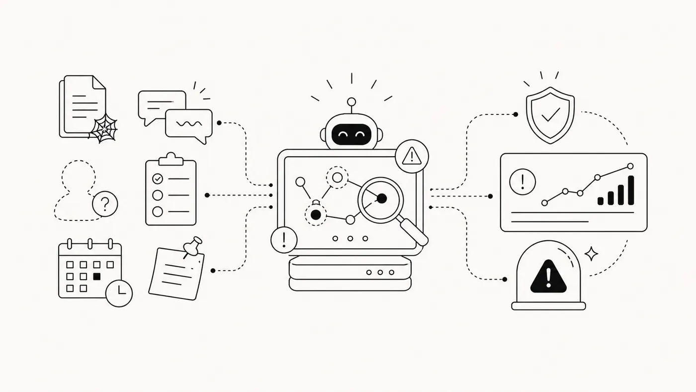 Illustration: stale notes, missing owners and untracked commitments flagged as knowledge gaps